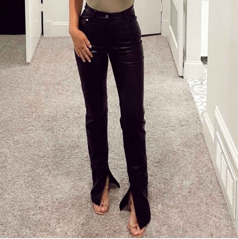 Zara Extra Long Faux Leather Straight Leggings Pants Ankle Slit - Picture 3 of 11
